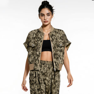 2026 best selling women's casual two piece set — solid color short sleeve top with camouflage zipper accents | wholesale women's casual wear & loungewear