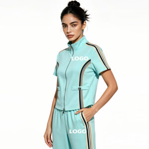 2026 best selling women's casual two piece set — short sleeve top (solid color) with striped zipper accent | wholesale women's casual wear & loungewear