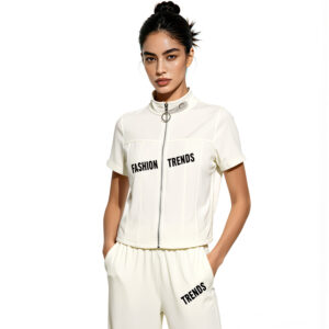 2026 best selling women's casual two piece set — short sleeve top (solid color design with letter accents and zipper details) paired with trousers | wholesale women's casual wear & loungewear