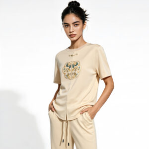 2026 best selling women's casual two piece set — short sleeve top (solid color design with pattern accents and beaded button details) paired with trousers | wholesale women's casual wear & loungewear
