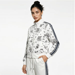 2026 hot selling women's two piece casual set, retro print striped zipper jacket and pants, women's casual wear, wholesale women's home wear.